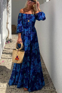 Luna™ | Long Floral Print Dress with Off-the-Shoulder Sleeves