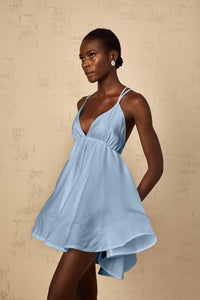 Quincie Blue Shirred Flounced Mini Dress