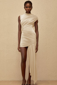 Fée Neutral Asymmetrical Ruched Mini Dress