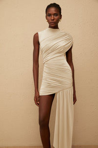 Fée Neutral Asymmetrical Ruched Mini Dress