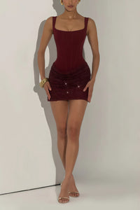 Paulette Red Embellished Ruched Bodycon Mini Dress