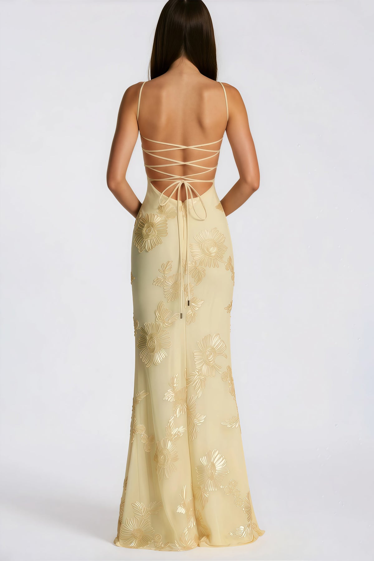 Théoline Yellow Floral Appliqué Corset Maxi Dress