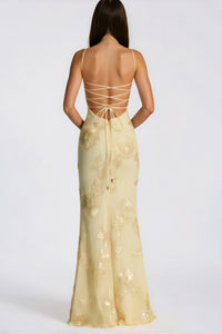 Théoline Yellow Floral Appliqué Corset Maxi Dress