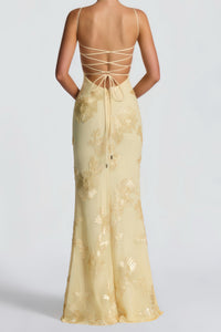 Théoline Yellow Floral Appliqué Corset Maxi Dress