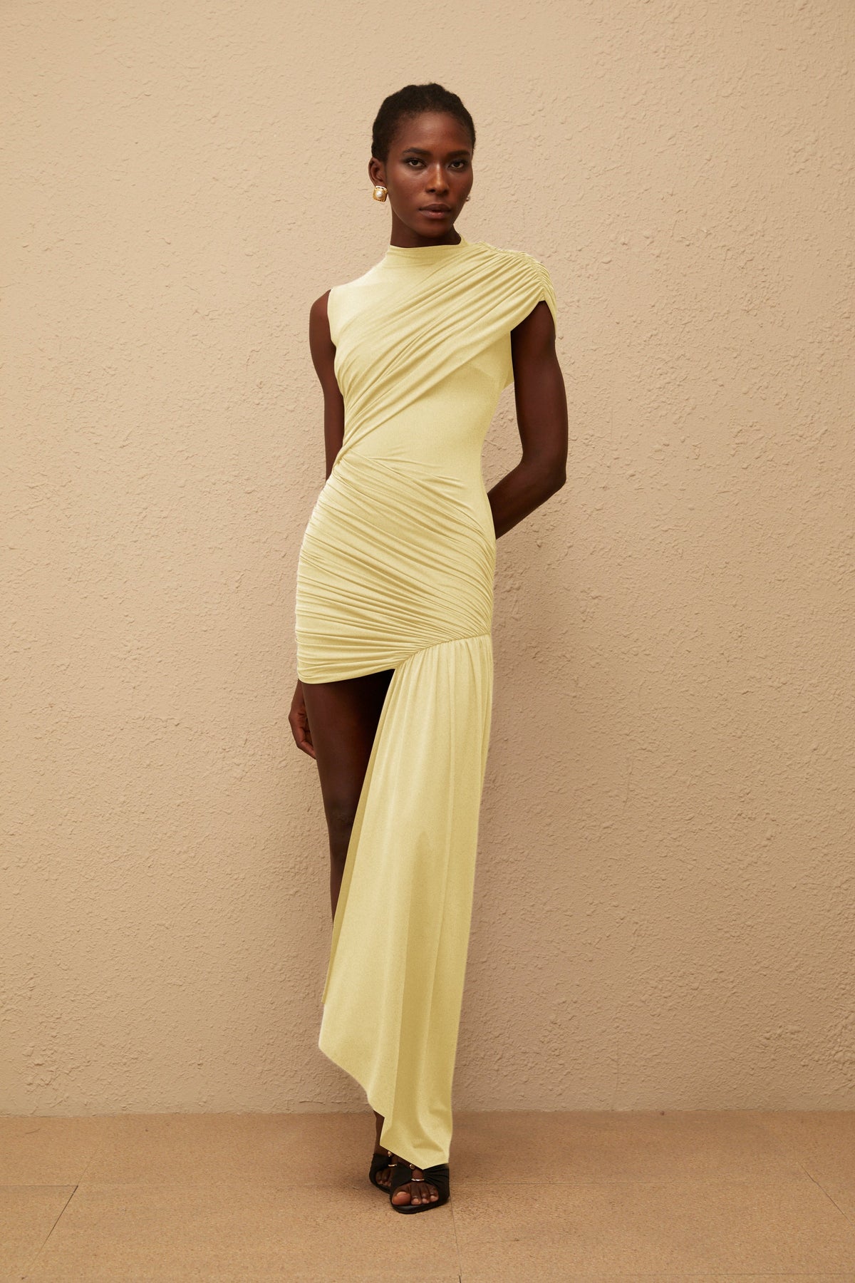 Fée Yellow Asymmetrical Ruched Mini Dress
