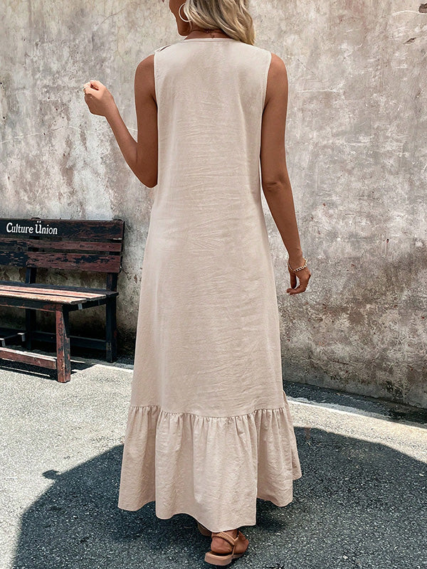 Ruffle Trim V-Neck A-Line Maxi Dress