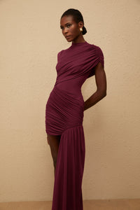 Fée Burgundy Asymmetrical Ruched Mini Dress
