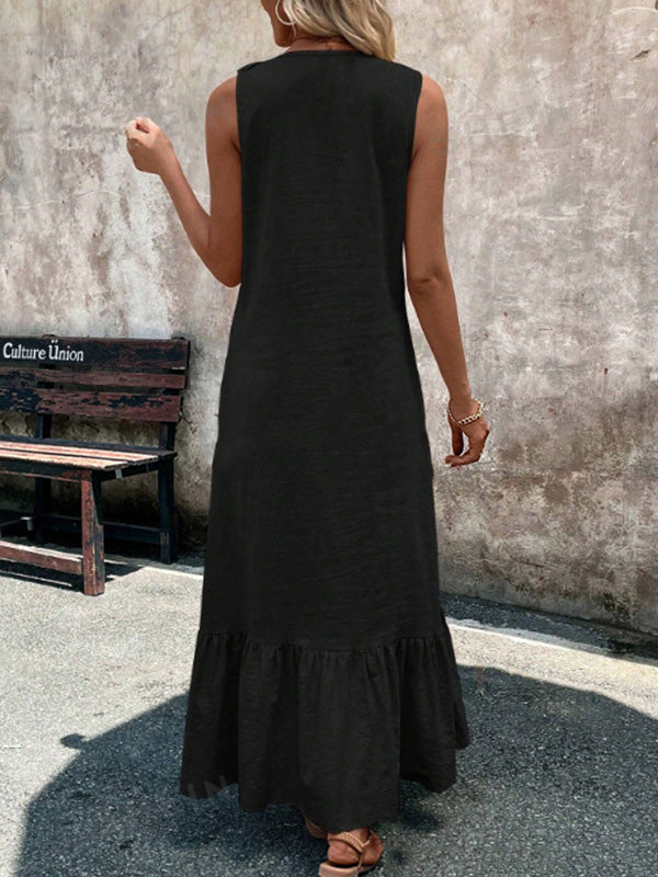 Ruffle Trim V-Neck A-Line Maxi Dress
