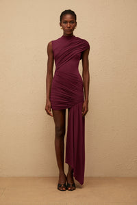 Fée Burgundy Asymmetrical Ruched Mini Dress
