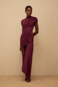 Fée Burgundy Asymmetrical Ruched Mini Dress