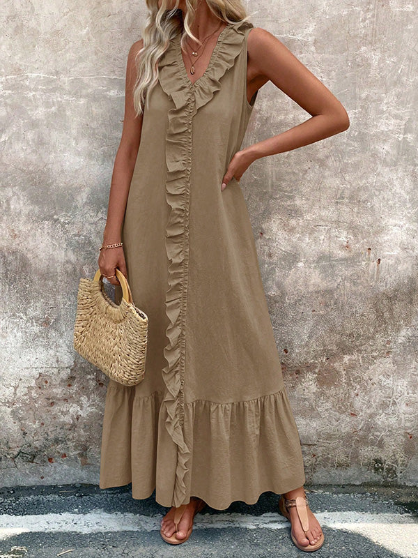 Ruffle Trim V-Neck A-Line Maxi Dress