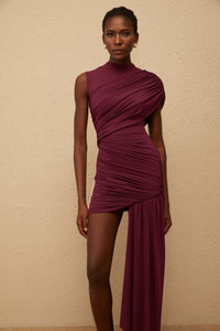 Fée Burgundy Asymmetrical Ruched Mini Dress