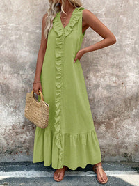 Ruffle Trim V-Neck A-Line Maxi Dress