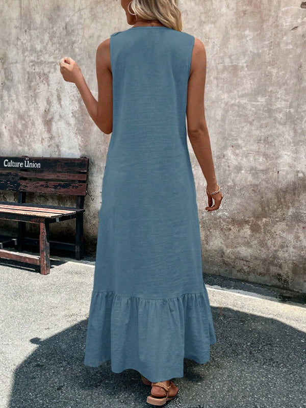 Ruffle Trim V-Neck A-Line Maxi Dress