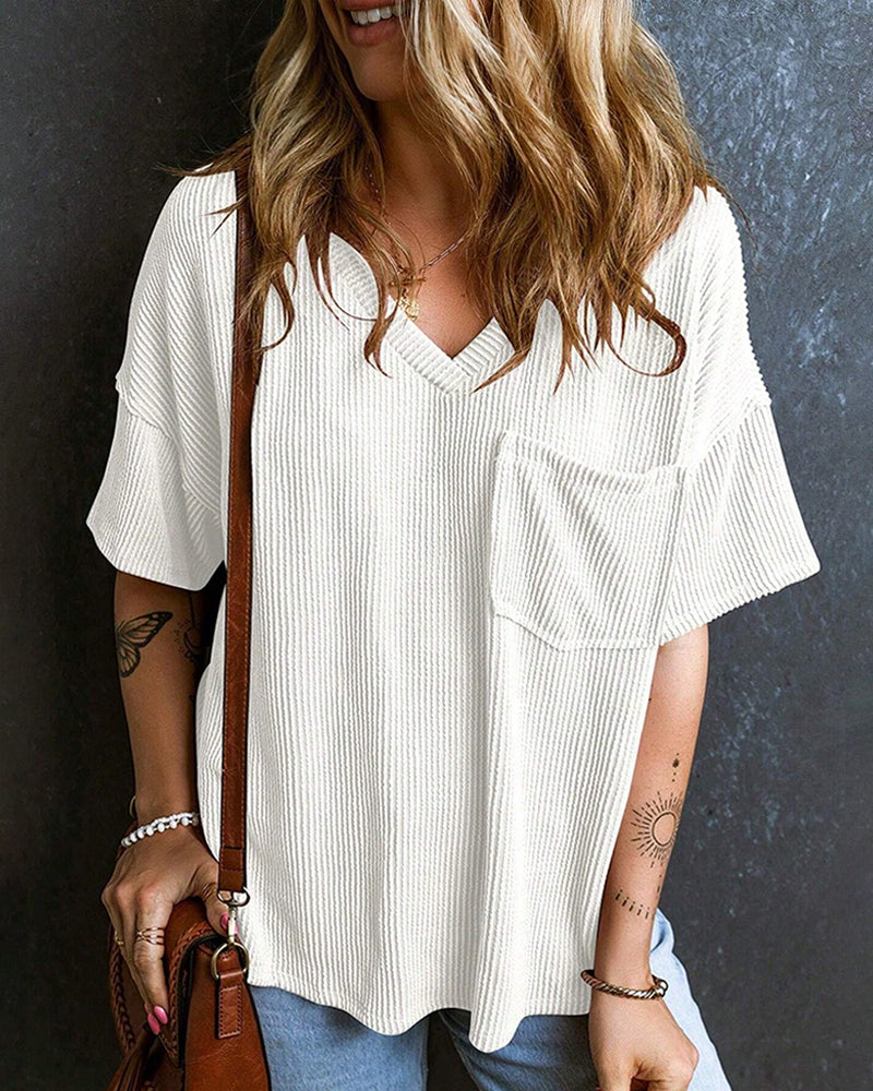 Textured V-Neck Dropped Shoulder Relaxed Tee