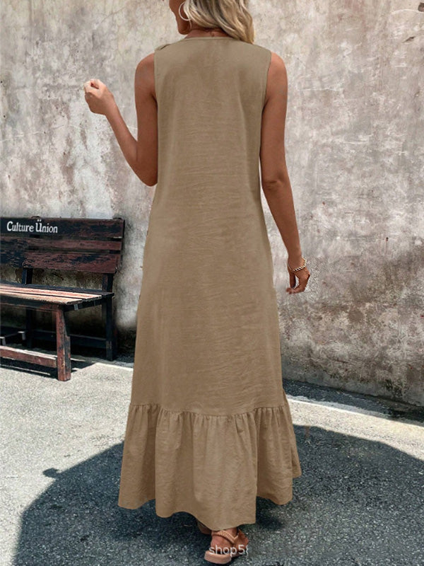 Ruffle Trim V-Neck A-Line Maxi Dress