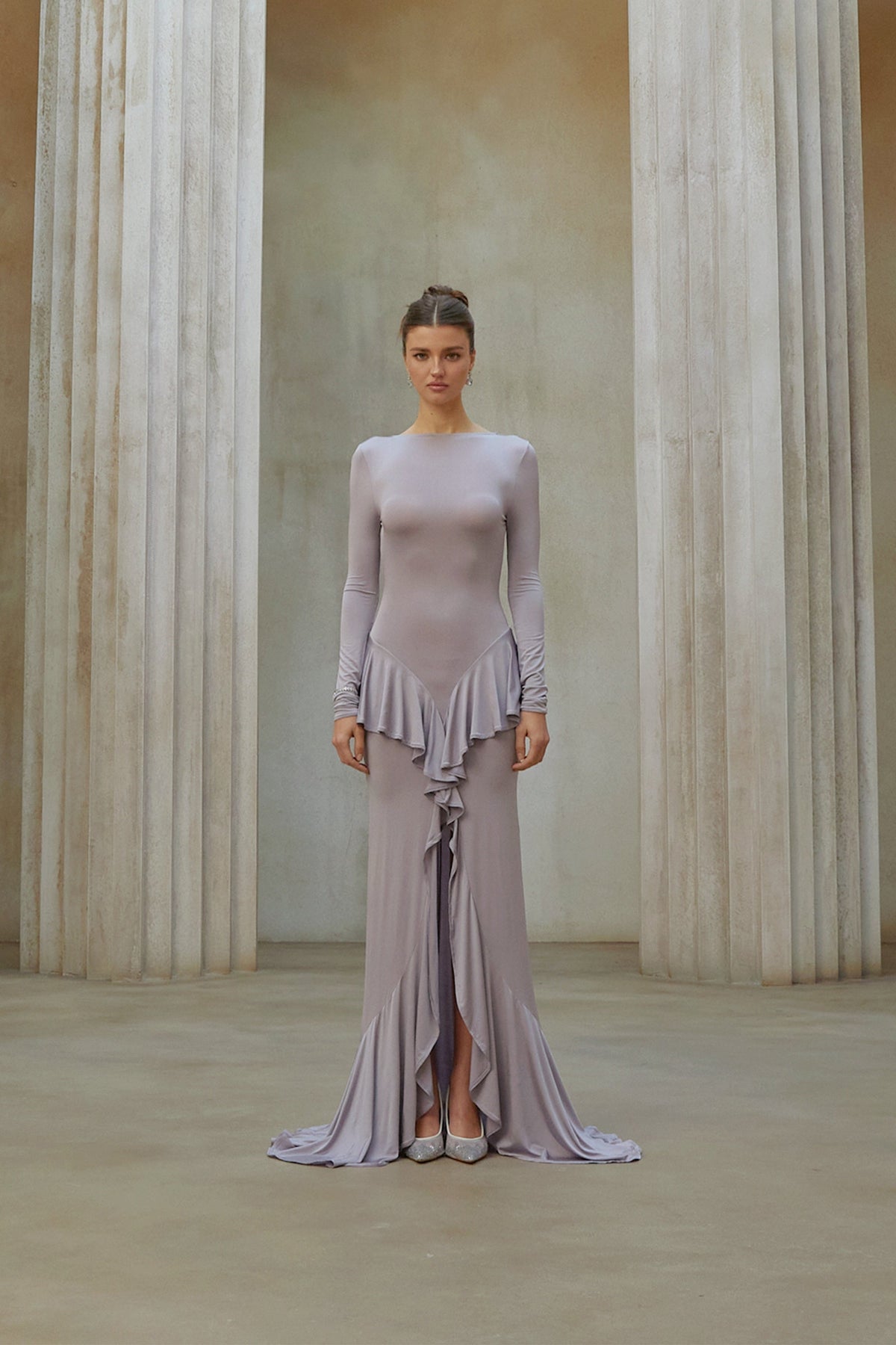 Xenia Purple Ruffle Detail Maxi Dress with Front Slit
