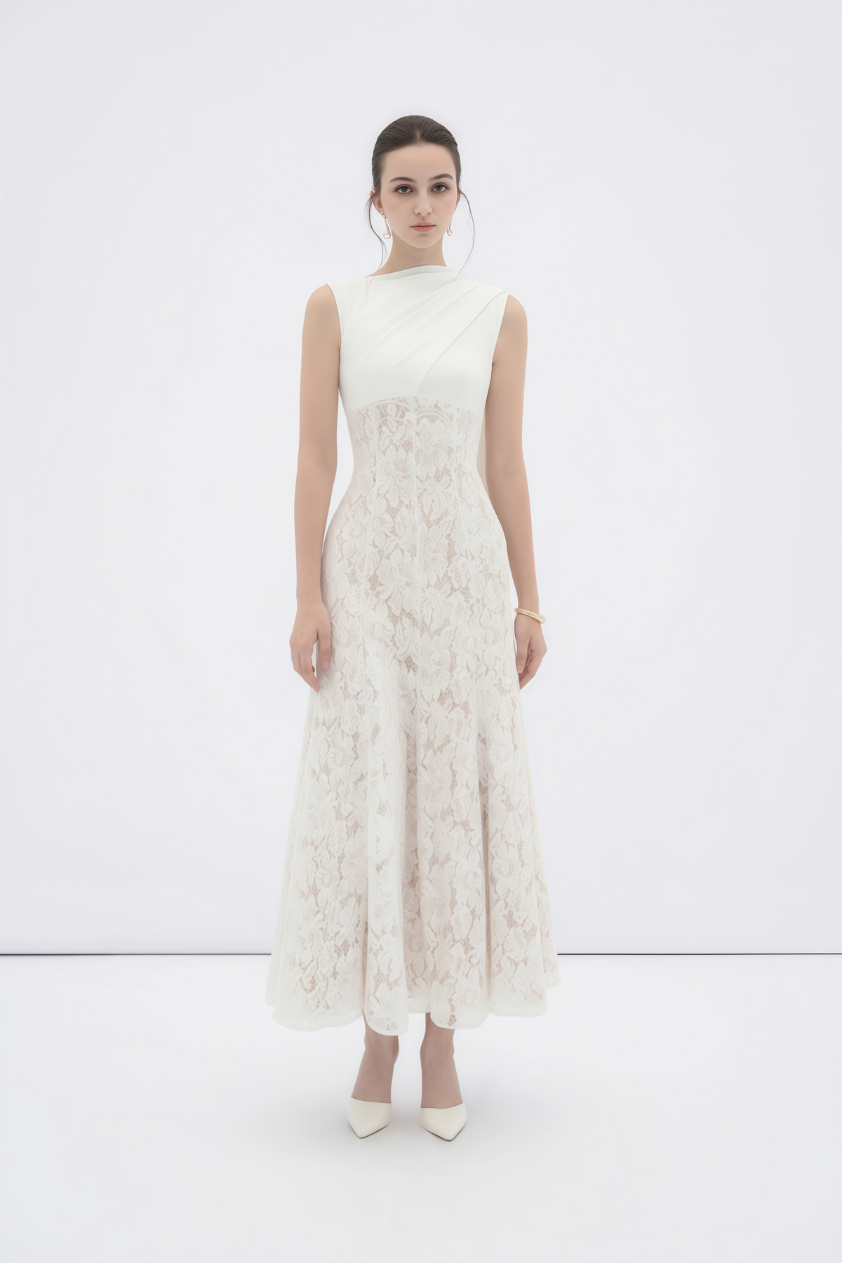 Marzia White Ribbon Detail Floral Lace Maxi Dress