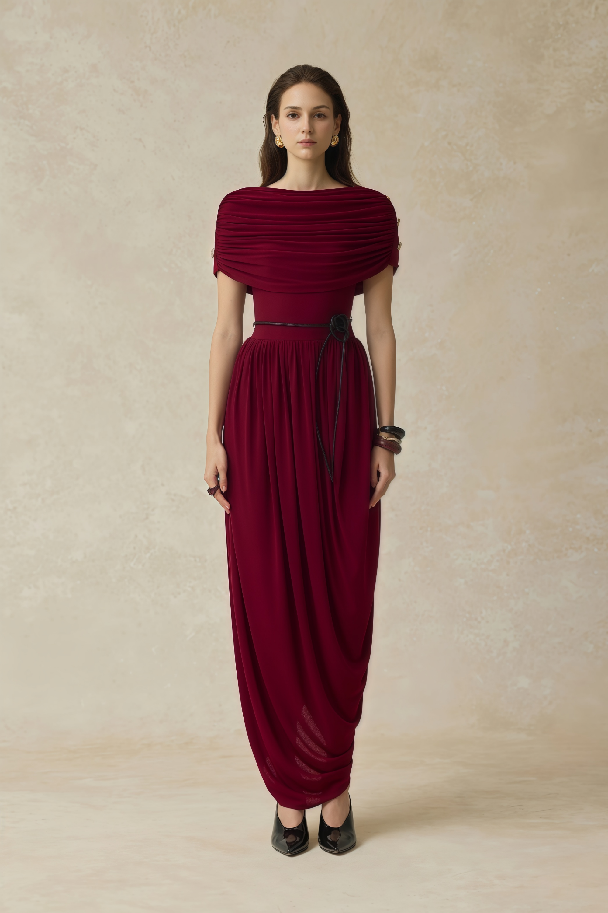 Gianna Burgundy Shawl Design Draped Maxi Dress