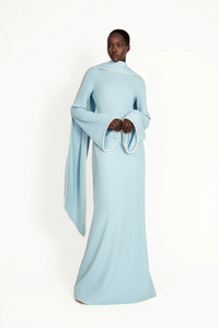Piroska Blue Pearl Trim Shawl Detail Maxi Dress