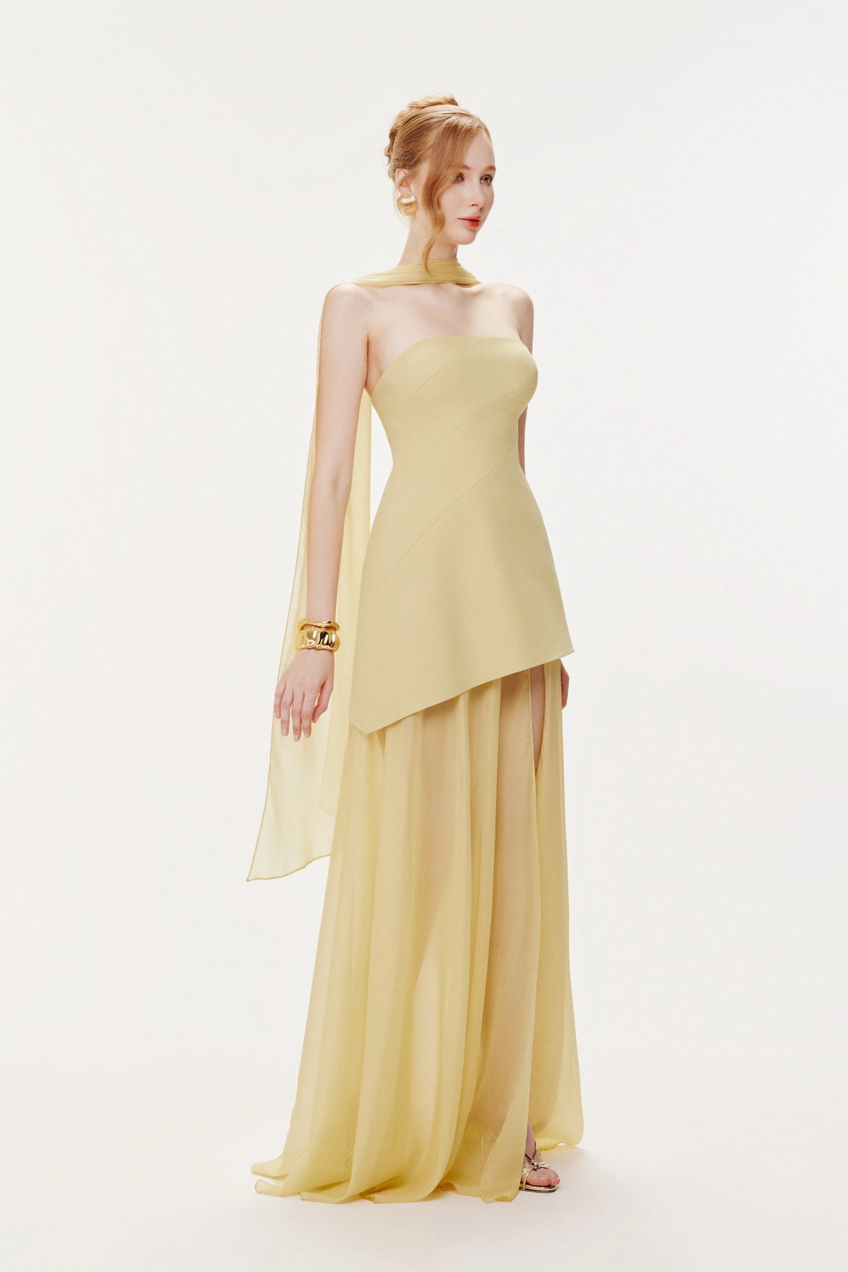 Marlis Yellow Strapless Layered Train Dress