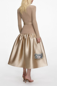 Fern Gold Satin Panel Knit Midi Dress
