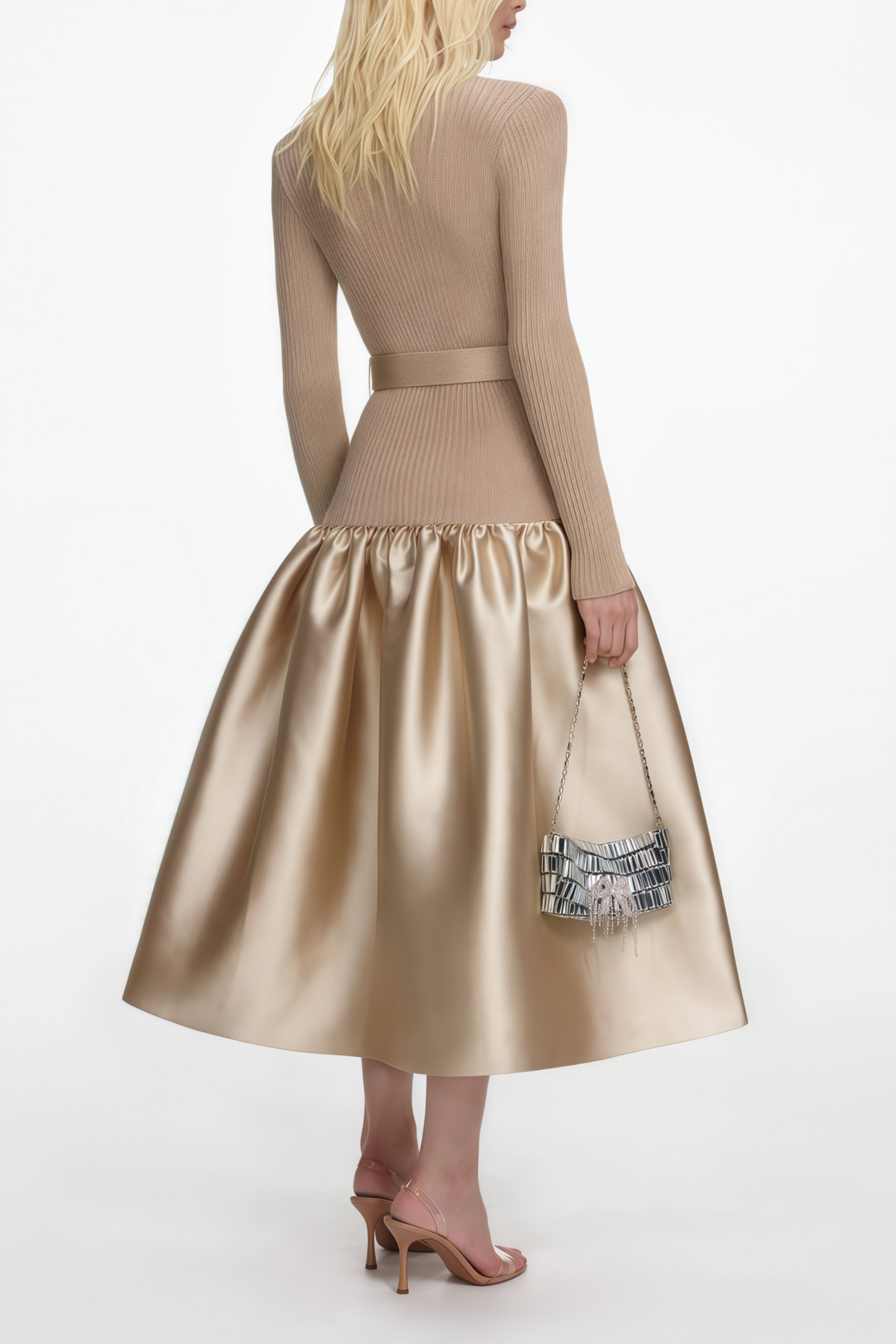 Fern Gold Satin Panel Knit Midi Dress