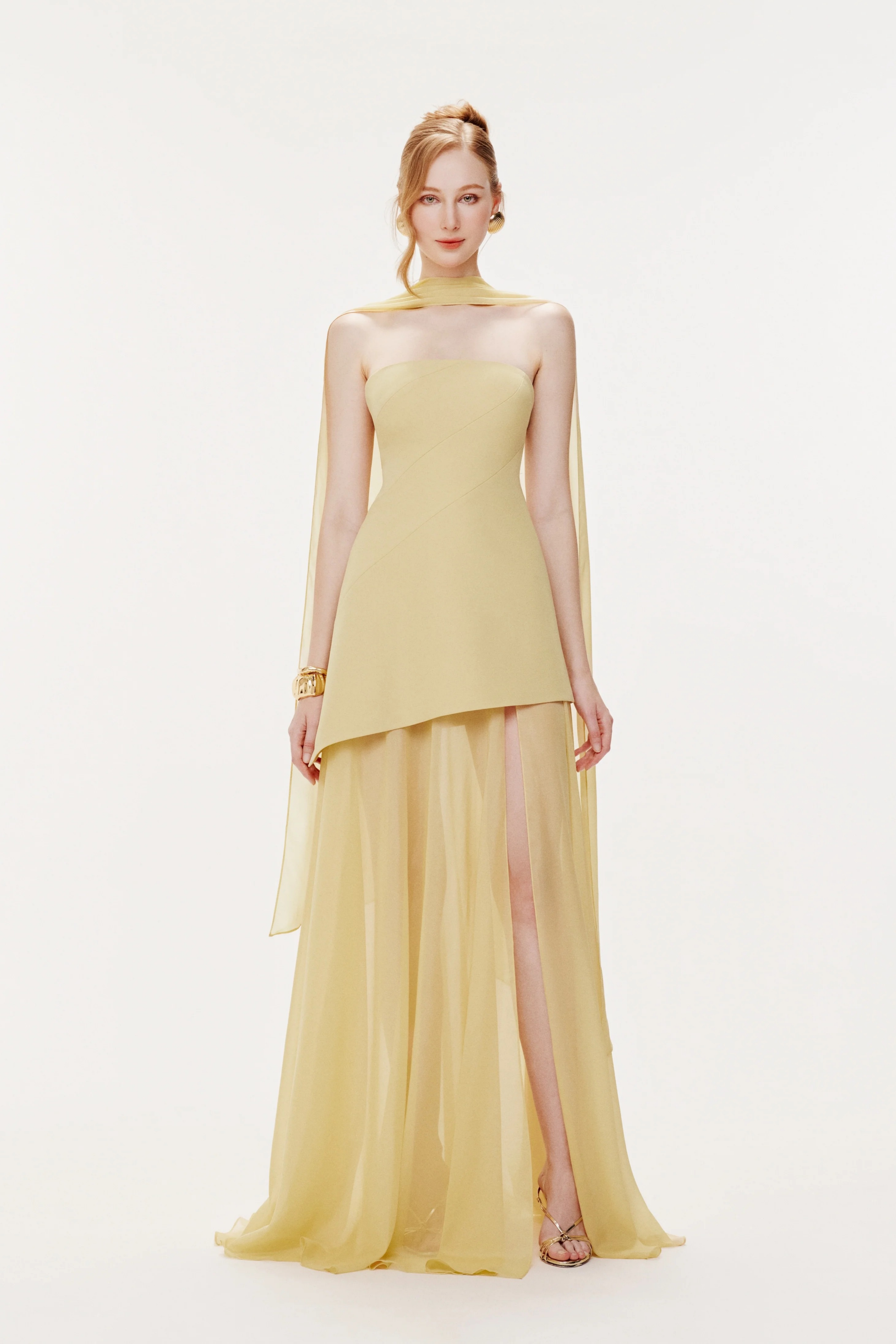 Marlis Yellow Strapless Layered Train Dress