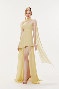 Marlis Yellow Strapless Layered Train Dress