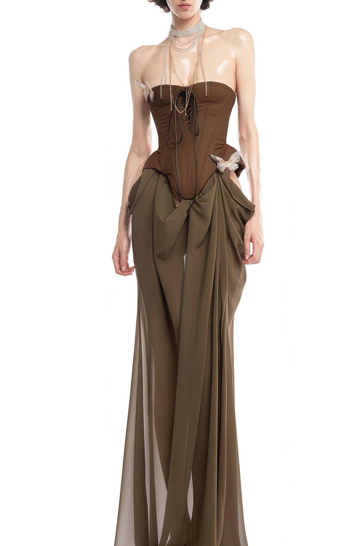 Eva brown butterfly-pin-detail corset maxi dress