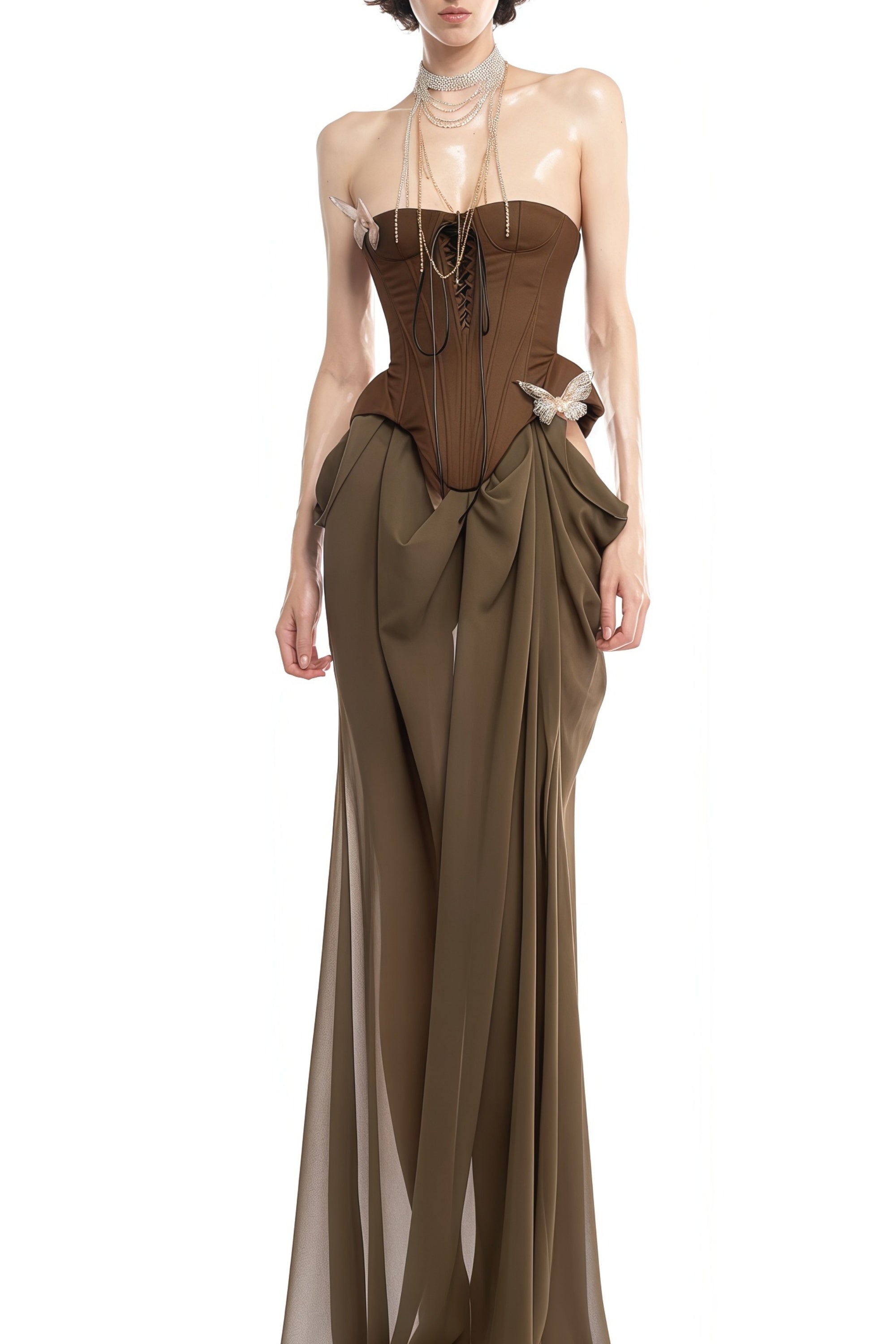 Eva brown butterfly-pin-detail corset maxi dress