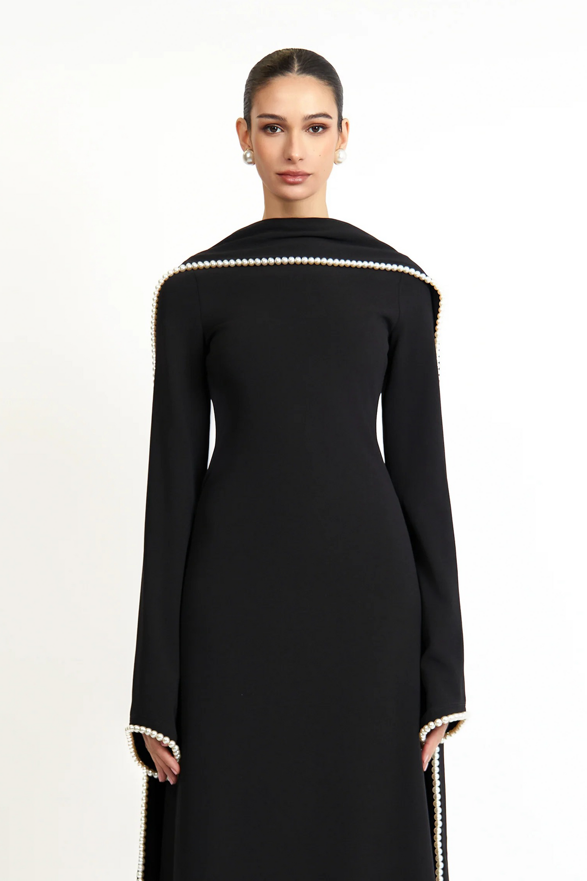 Piroska Black Pearl Trim Shawl Detail Maxi Dress
