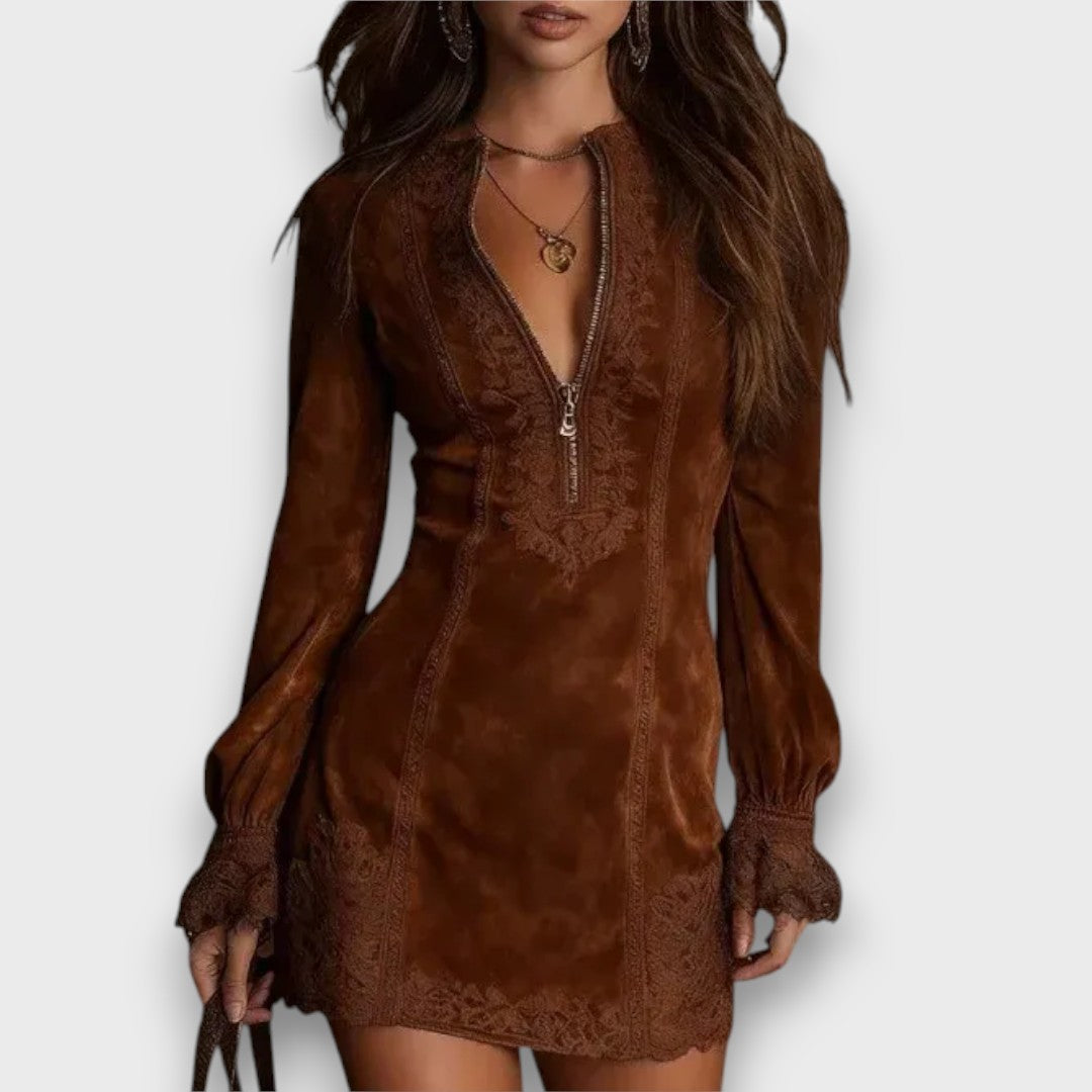 Lynara – Suede Mini Dress with Vintage Lace Detail