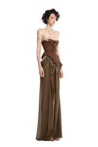 Eva brown butterfly-pin-detail corset maxi dress