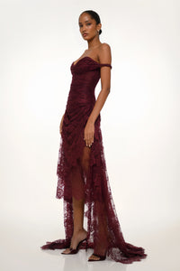 Eline Burgundy Ruched Floral Lace Gown