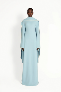 Piroska Blue Pearl Trim Shawl Detail Maxi Dress