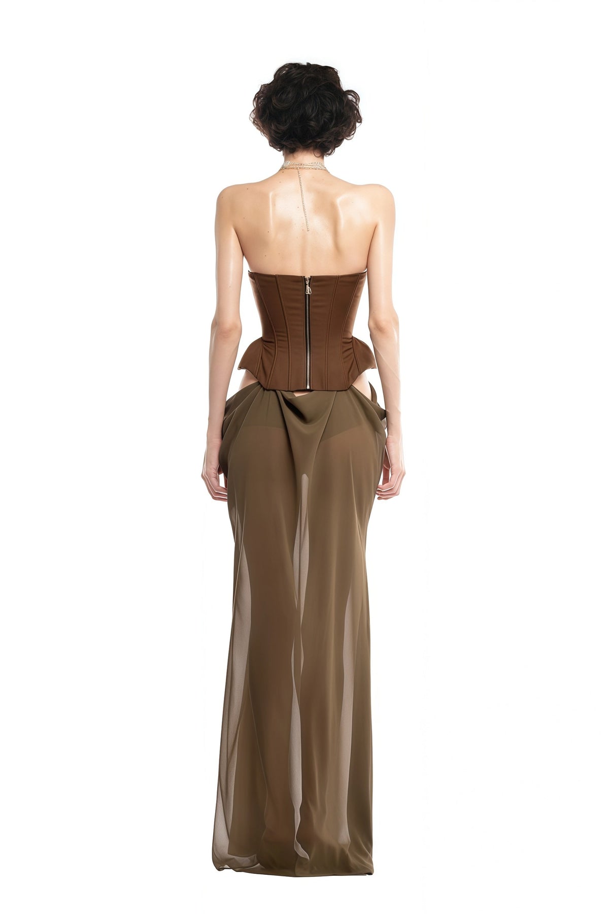Eva brown butterfly-pin-detail corset maxi dress