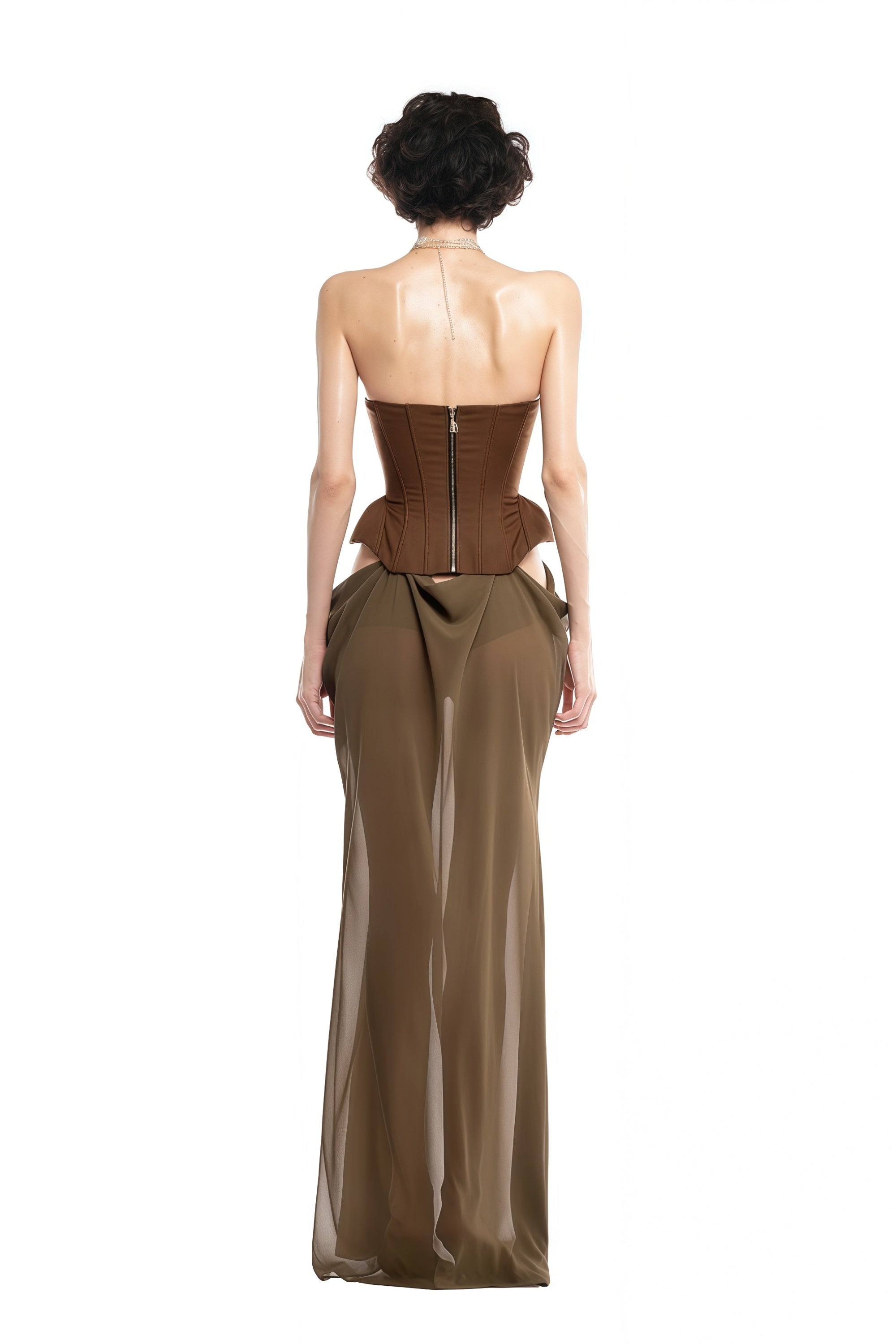 Eva brown butterfly-pin-detail corset maxi dress