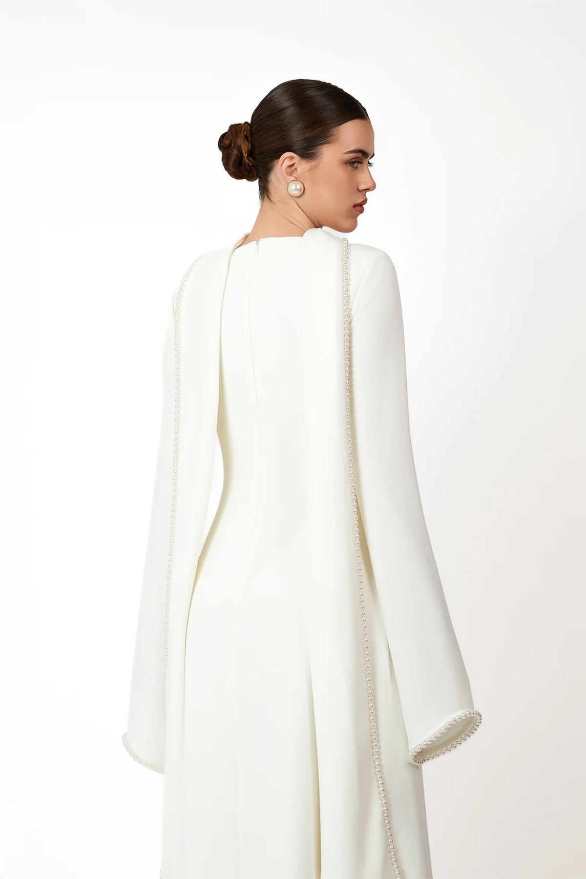 Piroska White Pearl Trim Shawl Detail Maxi Dress