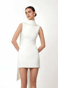 Piroska White Sleeveless Pearl Trim Mini Dress