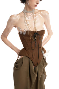 Eva brown butterfly-pin-detail corset maxi dress