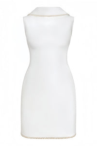 Piroska White Sleeveless Pearl Trim Mini Dress
