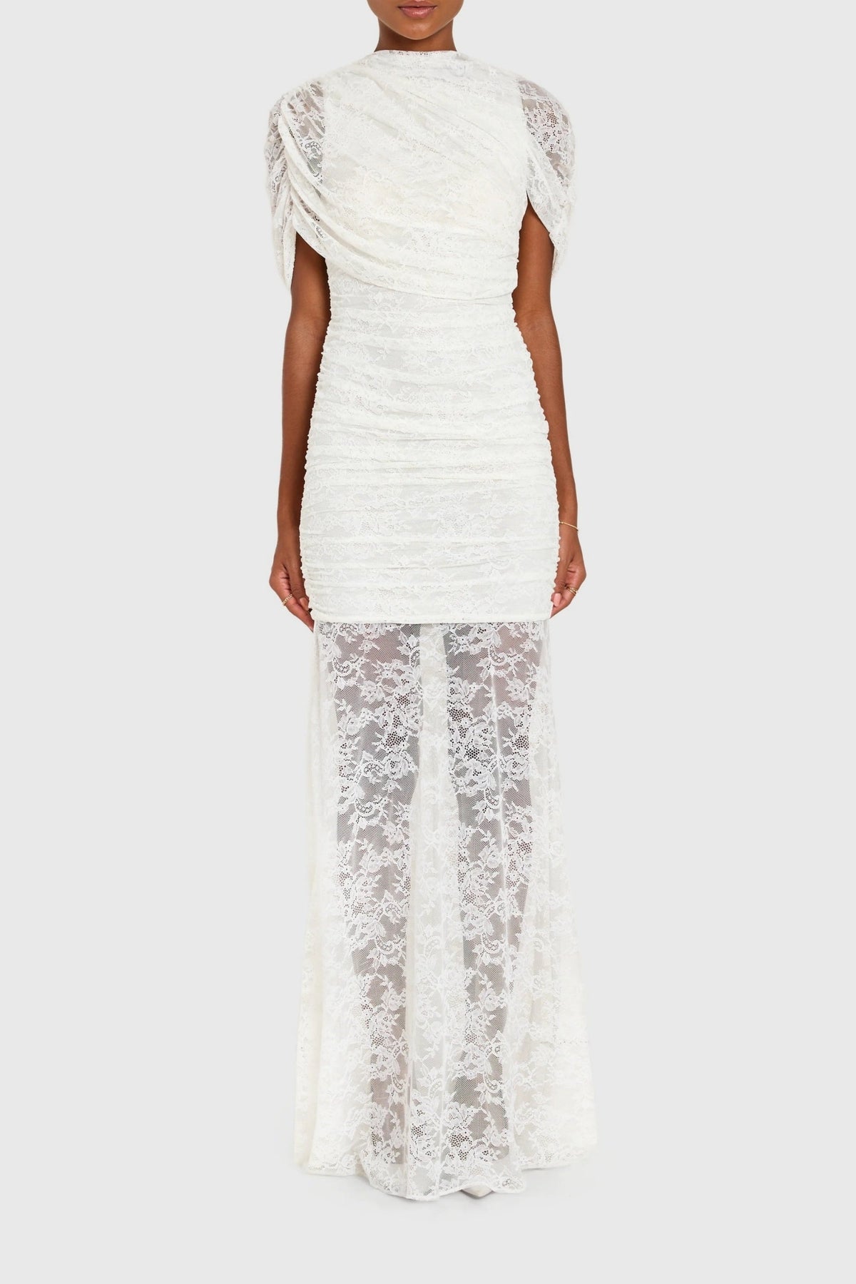 Sylphe White Asymmetrical Ruched Lace Maxi Dress