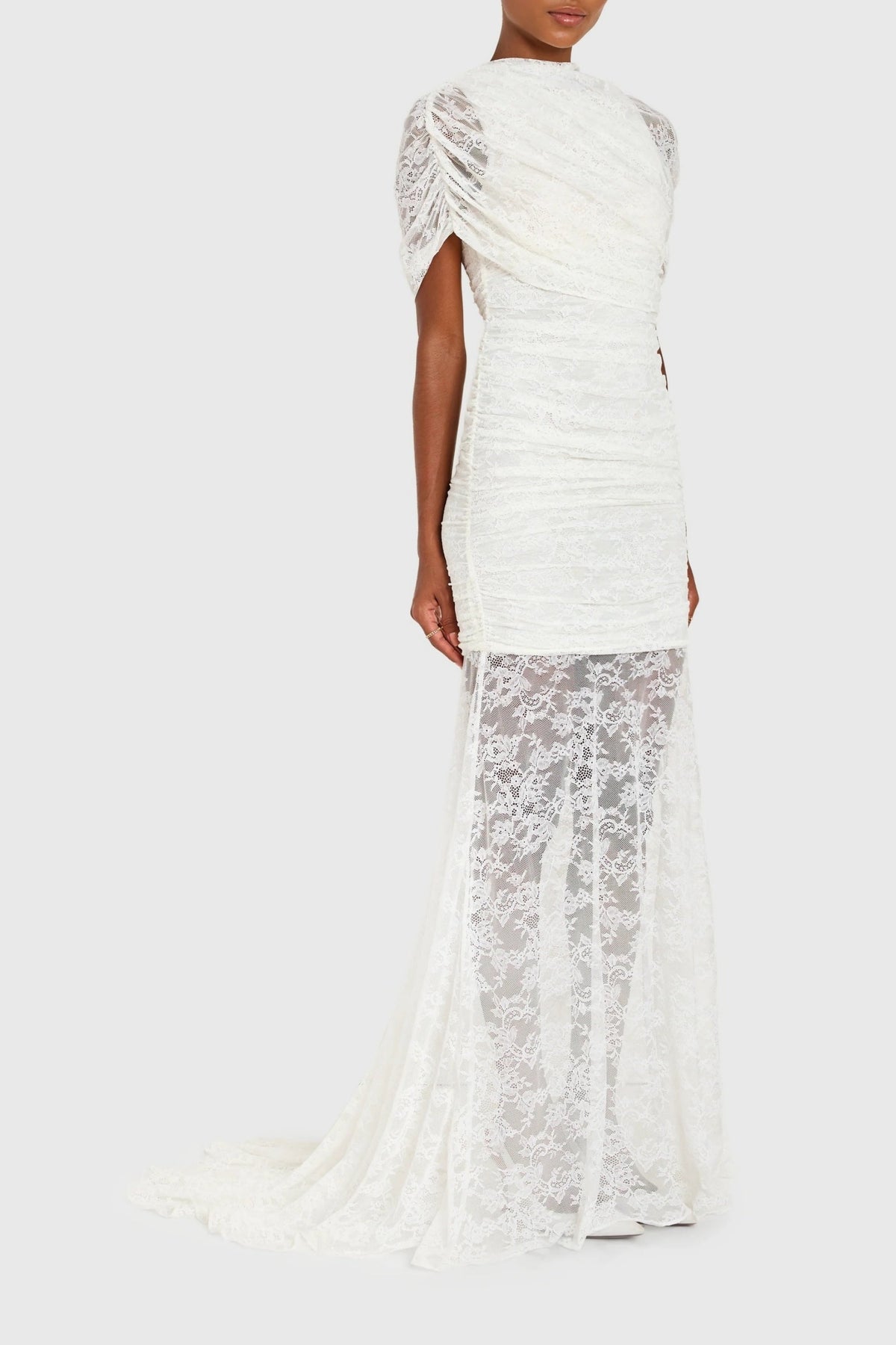 Sylphe White Asymmetrical Ruched Lace Maxi Dress