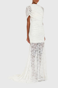 Sylphe White Asymmetrical Ruched Lace Maxi Dress