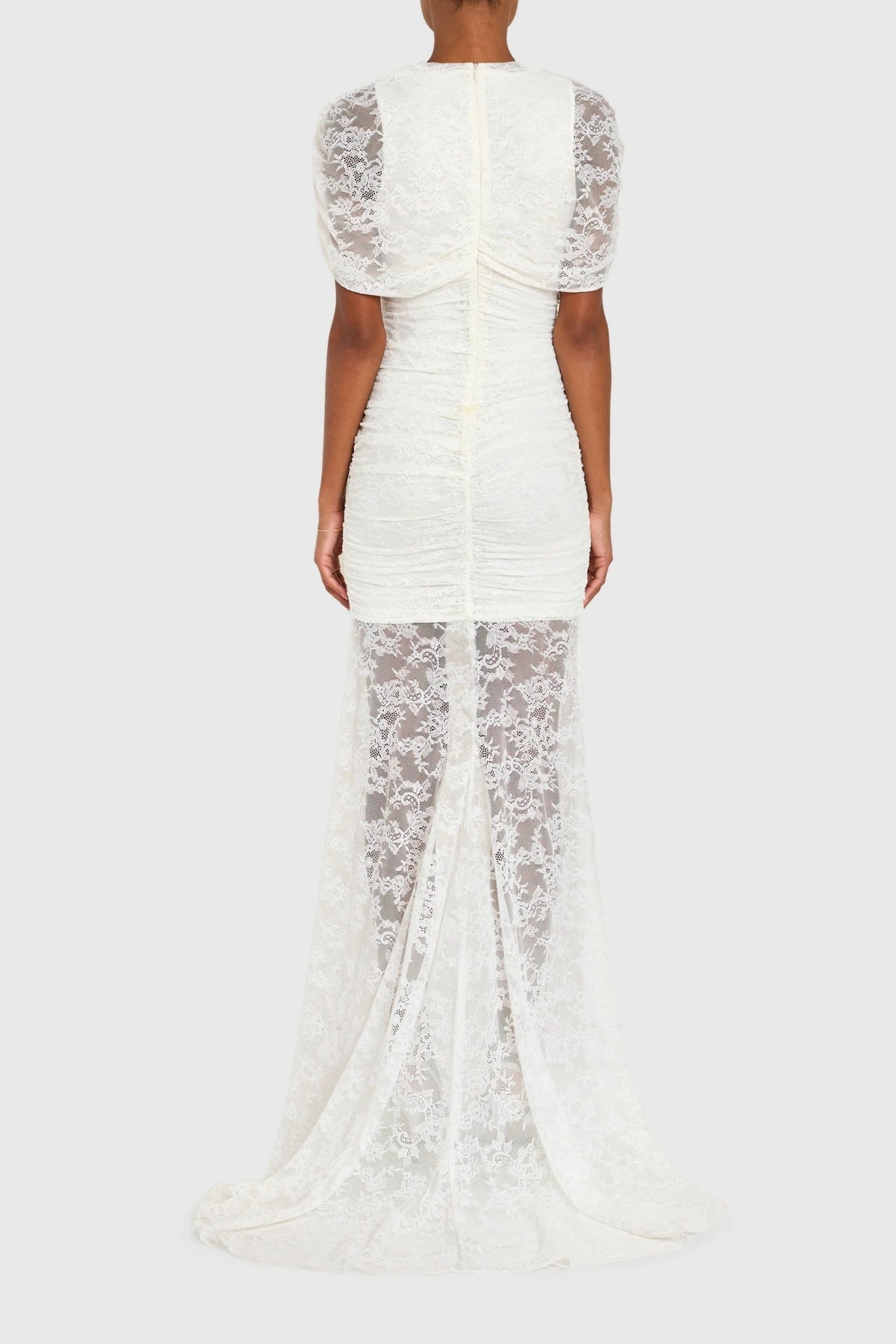 Sylphe White Asymmetrical Ruched Lace Maxi Dress