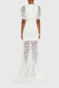 Sylphe White Asymmetrical Ruched Lace Maxi Dress