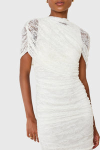 Sylphe White Asymmetrical Ruched Lace Maxi Dress