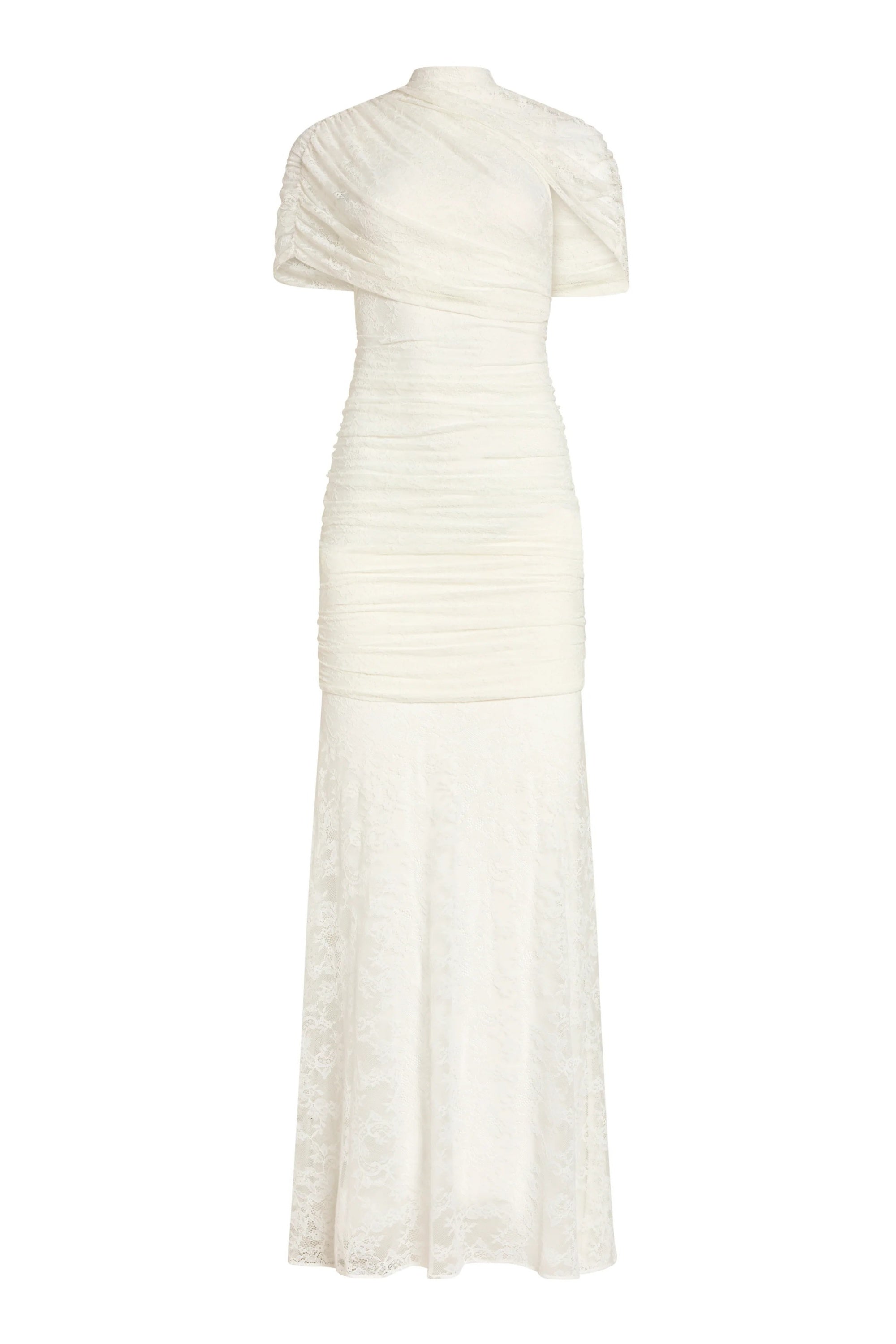 Sylphe White Asymmetrical Ruched Lace Maxi Dress