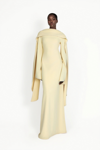Piroska Yellow Pearl Trim Shawl Detail Maxi Dress